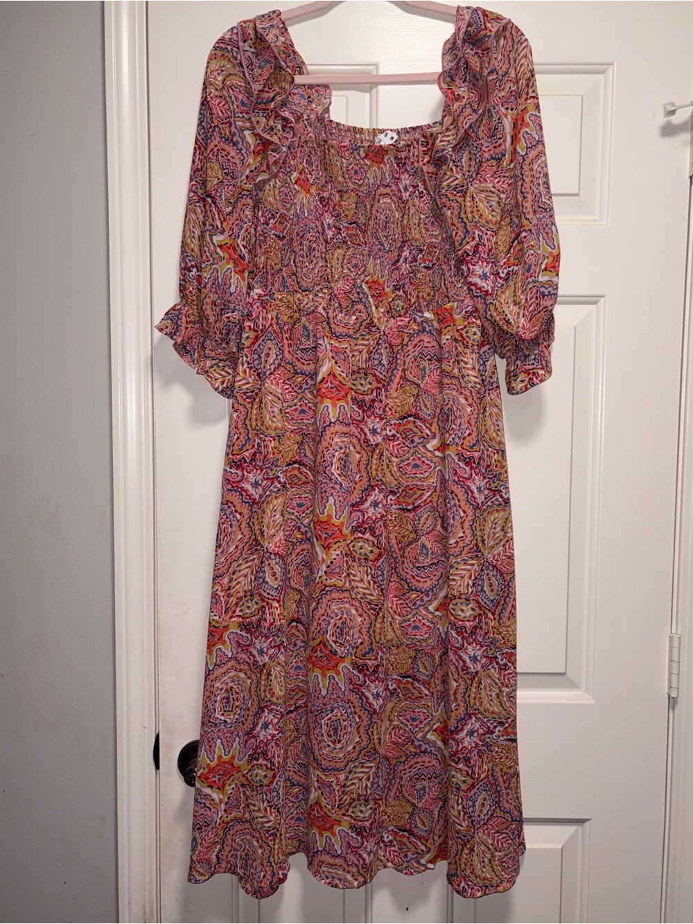 THML Women's Pink Multi Paisley Maxi Dress with Ruffle Neckline